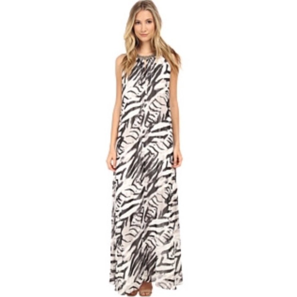 Vince Camuto beaded neck, animal print, chiffon, maxi dress, Size 4